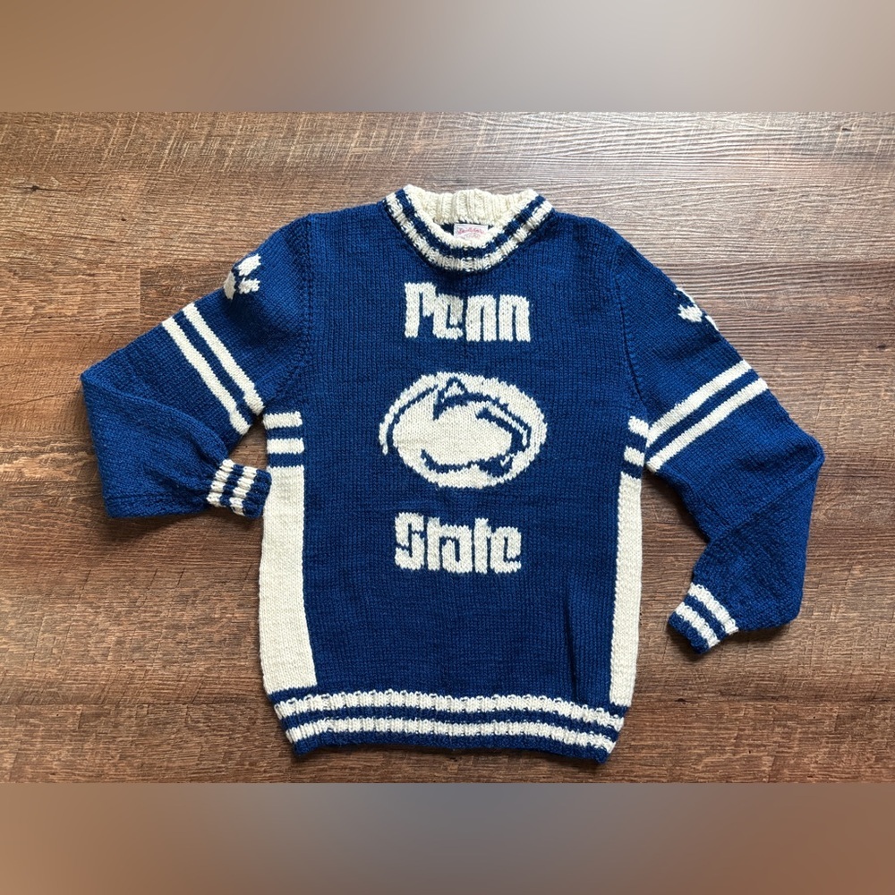 Vintage Hand-knit by Grandma Penn State sweater PSU Nittany Lions blue white XS - Picture 10 of 11